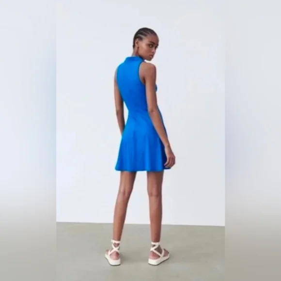 Zara cobalt blue collared V-neck ribbed sleeveless fit and flare mini dress - Picture 8 of 8